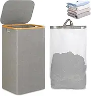 [TOMVAES] Laundry Hamper with Lid,Divided Folding Bamboo & Oxford cloth Laundry Hamper,Modern Collapsible Hamper,Waterproof Liner, Great for Adults, Bathroom, Living Room (Grey)
