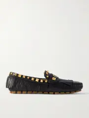 [Valentino Garavani] Valentino Garavani - Plaster Caster Driver Fringed Studded Textured-leather Loafers - Black - IT41 IT 41 Black