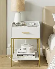 oiiokuku Nightstand with Charging Station,Bedside Table with Drawer and 2 Shelf Storage, Small Side Table, Modern White Night Stand, Tall End Table for Bedroom, Living Room