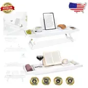 Elegant Bathtub Caddy Bridge Shelf - Bamboo Bed and Bath Tray with Tablet Stand