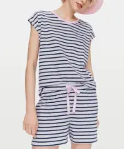 NEW PETER ALEXANDER NAVY GREY STRIPED PJ SET TOP & SHORTS S RRP$119.90 JERSEY