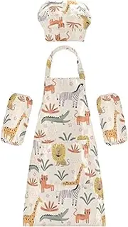 AIXIWAWA Kids Apron Chef Hat Set, Child Kitchen Bib Aprons Adjustable for Cooking Baking Painting (Zebra Giraffe Tiger)