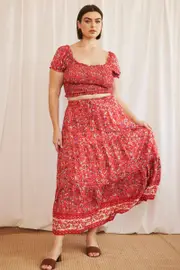 Red Boho Maxi Skirt Tiered