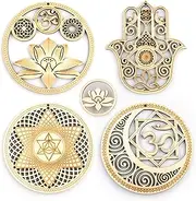 5.31" Sacred Geometry Wall Art 4 PCS Set, (Sacred Lotus, Hamsa Hand, Soul Star, Union Sun Moon) Crystal Grid Meditation Chakra Wooden Wall Art Yoga Decor Spiritual Gifts