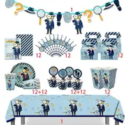 Combo Set 12 Kid Detective Secret Agent Spy Theme Birthday Party Supplies Disposable Tableware Decor Banner Tablecloth Cake Deco Set F
