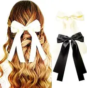 2 pcs Bows Clips for Girls,Satin Bowknot Hair Clips Colorful Bow Tassel Ribbon Bow Hair Clip Barrettes Long Ribbon Hair Barrettes,Hair Ribbons,bow hair clips,bow clips,hair ribbon bow clip (Beige Black)