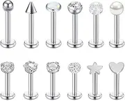 [LOCCY] 12Pcs 16G Lip Studs Labret Bars, Stainless Steel Silver Flat Back Lip Bars Labret Monroe Lips Helix Tragus Stud Cartilage Earrings with CZ Piercing Jewellery Unisex, 6/8mm