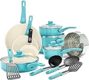GreenLife Soft Grip Healthy Ceramic Nonstick, 16 Piece Cookware Pots and Pans Set, PFAS-Free, Dishwasher Safe, Caribbean Blue