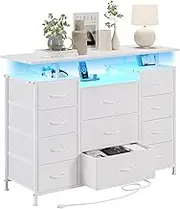 LUMTOK 11 Drawers Dresser with Fabric Drawers,Charging Station, LED Lights and Shelves for Bedroom, Living Room, Hallway, Nursery Storage Organization