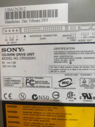 【電腦零件補給站】Sony CRX220A1 52x24x52 CD-RW 光碟機 IDE介面