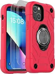KCJ for iPhone 13 Mini Case/iPhone 12 Mini Case 5.4 Inch with Ring Holder, with 2 Pack Screen Protector + 1 Pack Camera Lens Protector,Heavy-Duty Military Grade Protector Cover. (Red+Black)