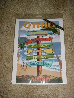 O'AHU HAWAII 12" X 9" LANTERN PRESS PRINT ART HONOLULU ALOHA BEACH SURFING