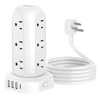 Tower Surge Protector Power Strip 10 ft, Long Flat Extension Cord with Multip...