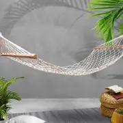 Hanging Hammock Bed Swing Wooden Spreader Cotton Rope Indoor Outdoor Cream