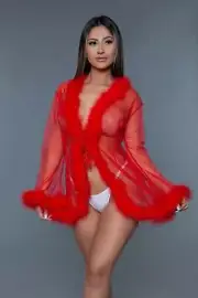 Burlesque BeWicked Bou Robe Marabou Feather Trim Red