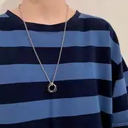 Interlocking Ring Pendant Necklace Titanium Steel Pearl - Necklace & Pendant - Black - 70cm