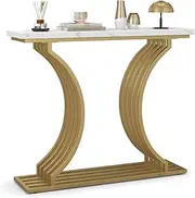 Costway 100 CM Console Table with Shelf, Faux Marble & Metal Finish, White & Gold, Space-Saving, Contemporary Design, 100 cm x 30 cm x 80 cm