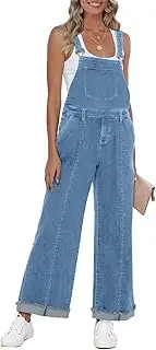 [Vetinee] Womens Overalls Denim Loose Fit Wide Leg Bib Stretch Baggy Jeans Jumpsuit Y2K Comfy