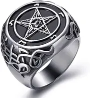 [Elfasio] Pentagram Baphomet Goat Men Stainless Steel Rings Sulfur Leviathan Cross Satan Demon Devil Symbol Ring Size 7-15