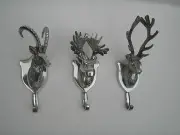Aluminium wall mount Stag Head Moose & Ibex coat hooks set of 3 pcs *