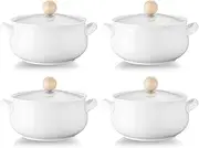 ALELION Small French Onion Soup Bowls, 18 OZ Soup Crocks with Double Handles and Glass Lids, Oven Safe Soup Bowls for Stew Chili Cheese Pot Pie Casseroles, Set of 4, White