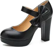 [MAIERNISI JESSI] Women's Bow Heel Pumps Platform Chunky High Heeled Wedding Dress Shoes