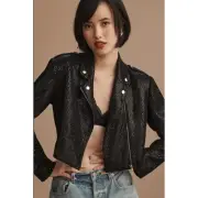 NWT Anthropologie Sequin Cropped Black Moto Jacket - Large