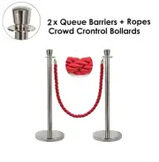 Crowd Barriers Rope Stanchion Set 2 Silver Classic Posts + 1 Red Twisted Rope