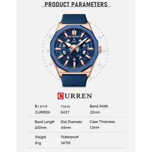 Curren 新款男士手錶運動休閒矽膠錶帶指針夜光錶盤自動日曆防水 8437 X