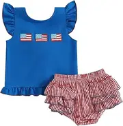 [Xiaodriceee] 4th Of July Baby Girl Outfits Fly Sleeve Flag Print T-shirt Plaid Ruffle Bloomer Shorts Independence Clothes