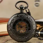 Classic Black Mechanical Pocket Watch Skeleton Pendant Double Hunter Fob Watches