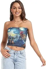 [RPLIFE] Starry Night Vibrant Painting Wonderland Crop Top Strapless Top, Mesh Tube Tops, Trendy Crop Tops (S)