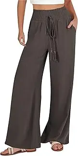 Womens Casual Wide Leg Pants Elastic High Waisted Loose Flowy Solid Color Drawstring Yoga Lounge Pants with Pockets