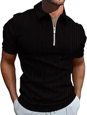 [PHJTOMK] Mens Quarter Zip Ribbed Knit Polo T Shirts Textured Band Collar Short Sleeve Business Casual Golf Shirts