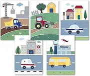Set of 5 Cute Vehicle Pictures - Great Nursery Decoration for Boys - Children's Pictures and Baby Posters - DIN A4 Wall Pictures without Picture Frame - Baby Room Pictures (Set of 5)