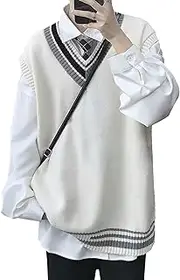 [SWJGLITTR] Mens Wool Blended Knitted Vest Cotton V-Neck Pullover Sweater School Loose Knitwear Sweaters for Men, White, Medium