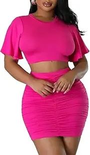 [Generic] Two Piece Dress for Women Sexy Bodycon Ruched Short Sleeve Tops Crop Casual Mini Summer Skirt Dresses