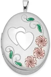 [JewelryWeb] 925 Sterling Silver Patterned Holds 2 photos Polished and satin 20mm Enameled Sparkle Cut Floral and Love Heart Oval Locket