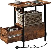 Kisfam End Table with Charging Station,Side Table with Drawer and USB Ports & Power Outlets,Bedside Tables Living Room Side Table,Brown