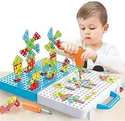 Electric Drill 4 in 1 Creative Puzzles Assembly DIY Construction Building Set 316pcs With Screwdriver Peg Board Mosaic Educational Toy for Kids Boys Girls