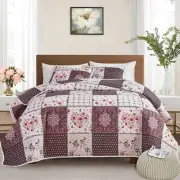 Patchwork Quilt Set King Size, 3 Pieces Brown Floral Plaid Summer Bedspread Cove