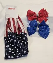 Claire's Red White Blue 3 Pack Bows + Head Wrap / Headband NEW w Tags Americana