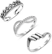 [LeCalla] Set of 3 Pcs 925 Sterling Silver Antique Toe Rings for Women | Cubic Zirconia Infinity Twisted Seashell Crown Toe Rings | Open Toe Ring Beach Foot Jewelry for Summer, Sterling Silver, No