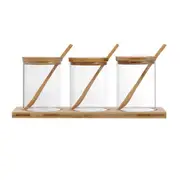 3pcs Glass Spice Jar Set Bamboo Tray With Serving Spoon Kitchen Pantry Organiser