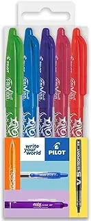 Pilot Frixion FR7 Erasable Rollerball Pen Medium Line 0.7mm Tip Floral Case - Lime Green, Light Blue, Purple, Pink and Orange (Pack of 5)