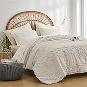KAKIJUMN White Tufted Comforter Set King Size 7 Piece Bed in a Bag, Shabby Chic Boho Comforter and Sheet Set, Pom Pom Textured Bed Set, All Season Soft Microfiber Complete Bedding Set(White,King)