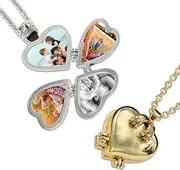 [ZORZA] 2Pcs Charming Folding Heart Locket Necklace 4 Leaf Clover Pendant Necklace That Holds 4 Photos,Ideal for Women(Gold,Silver), Zinc, No Gemstone