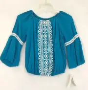 Sequin Hearts / Blue Lined Embroidered Crinkle Casablanca Peasant Top / Size L