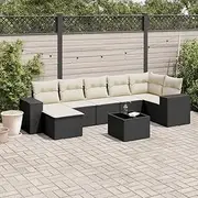 8 Piece Garden Sofa Set with Cream Cushions, Black Poly Rattan Patio Furniture Set – Outdoor Chairs, Table, and Footstool for Garden, Porch, Balcony, Backyard, or Deck – Durable Modular Design