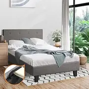 Oikiture 28cm Height King Single Size Bed Frame with Bed Head and Solid Plywood Slats Mattress Platform King Single Bed Base Grey